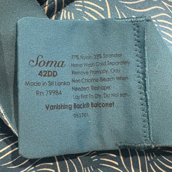 Soma 42DD Vanishing Back Balconet Bra Blue Leaf Print Nylon/Spandex Comfortable - Picture 4 of 4